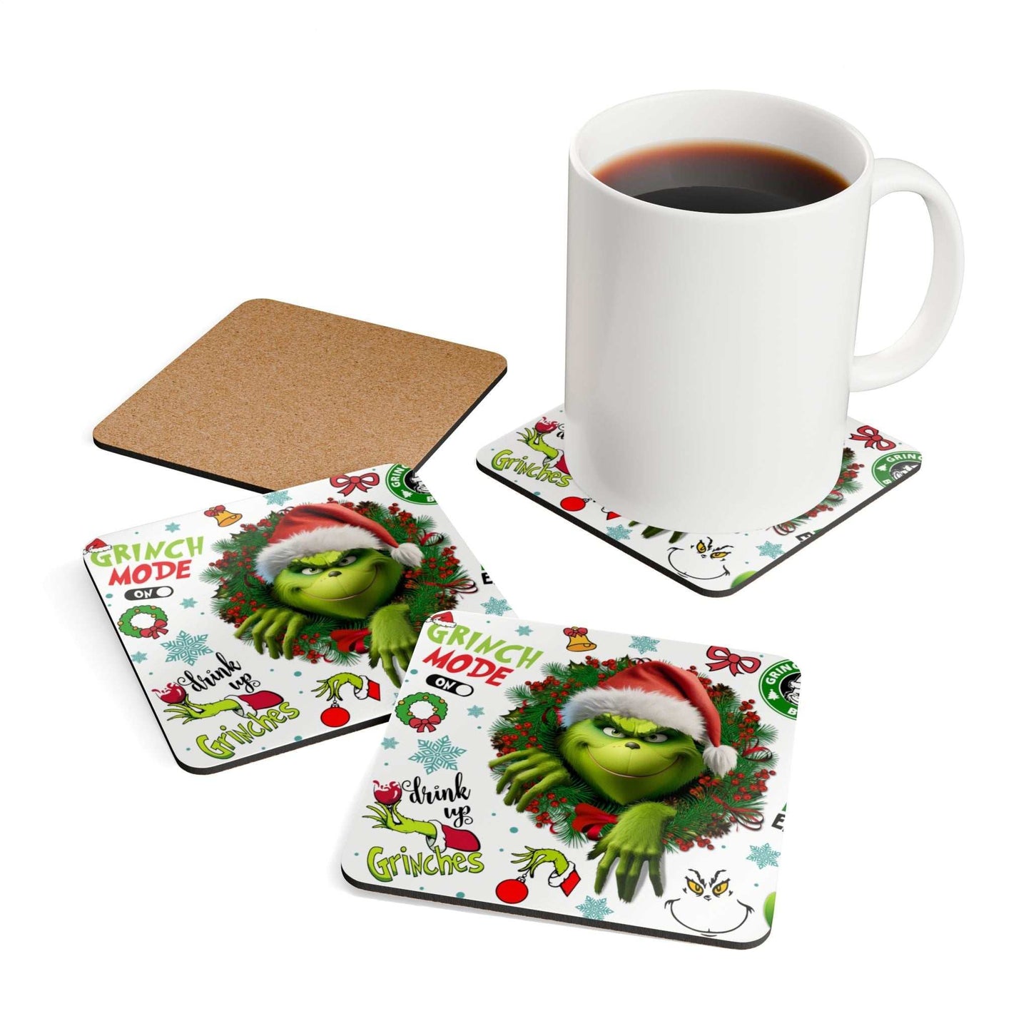 Grinch coaster set with cork backing and holiday design.