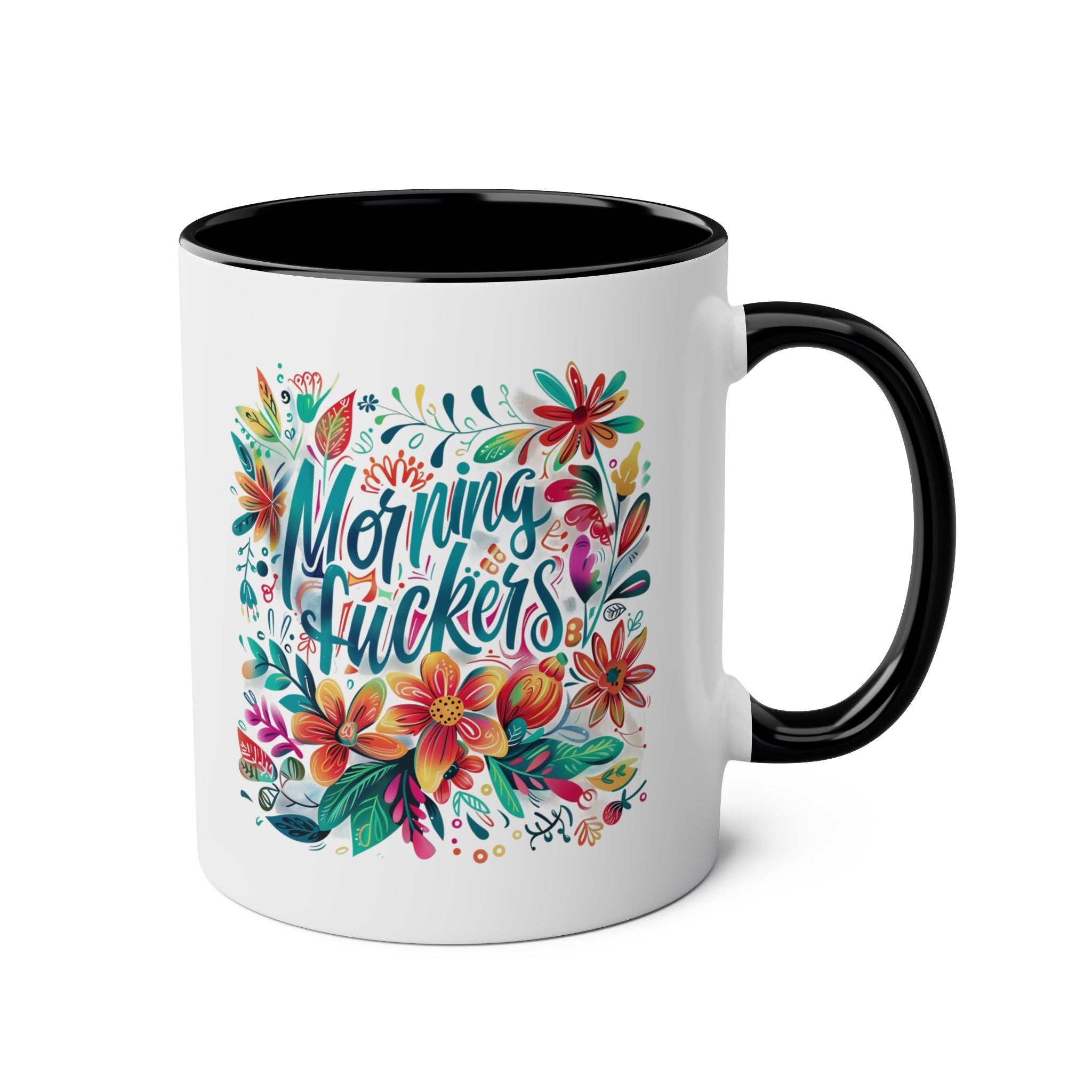 Colorful "Morning Fuckers" coffee mug with floral design, ceramic, 11oz, glossy finish, microwave and dishwasher safe.