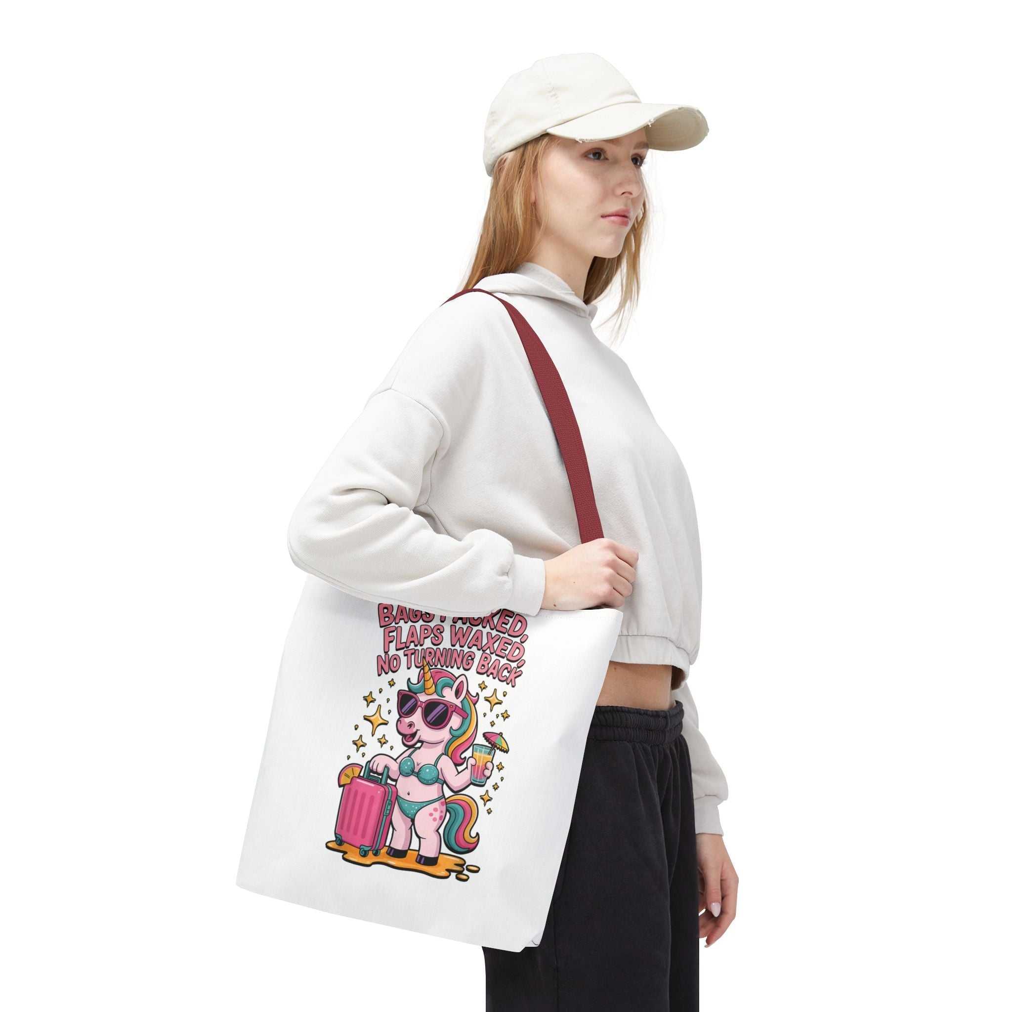 Fun Unicorn Travel Tote Bag with cheeky design and colorful handles made of durable spun polyester
