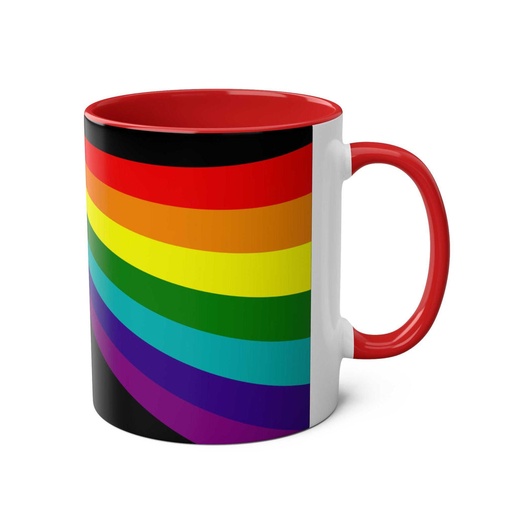 LGBTQ+ Pride Mug with vibrant rainbow design, ceramic, glossy finish.