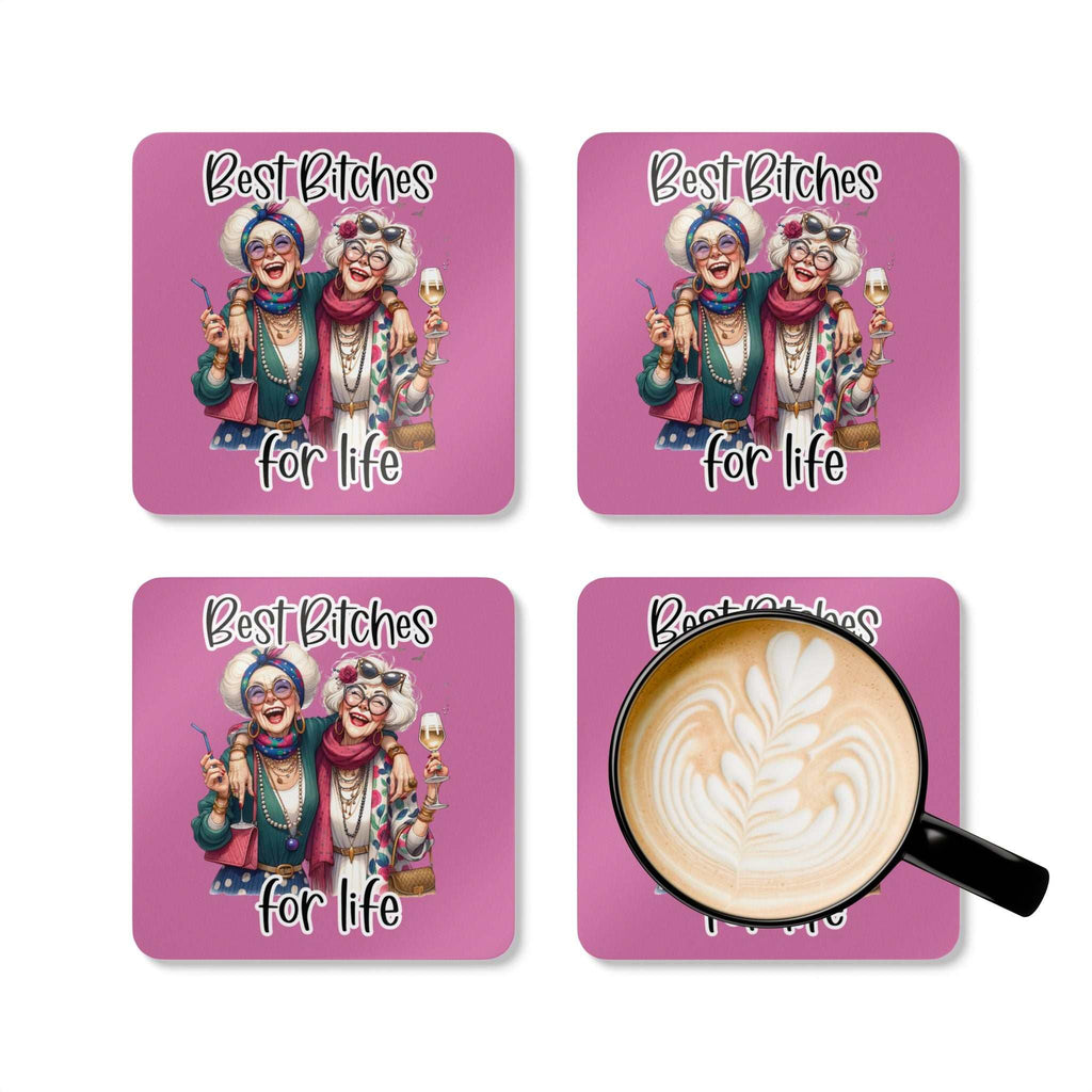 Cheeky Best Bitches For Life coaster set with colorful designs and coffee cup.