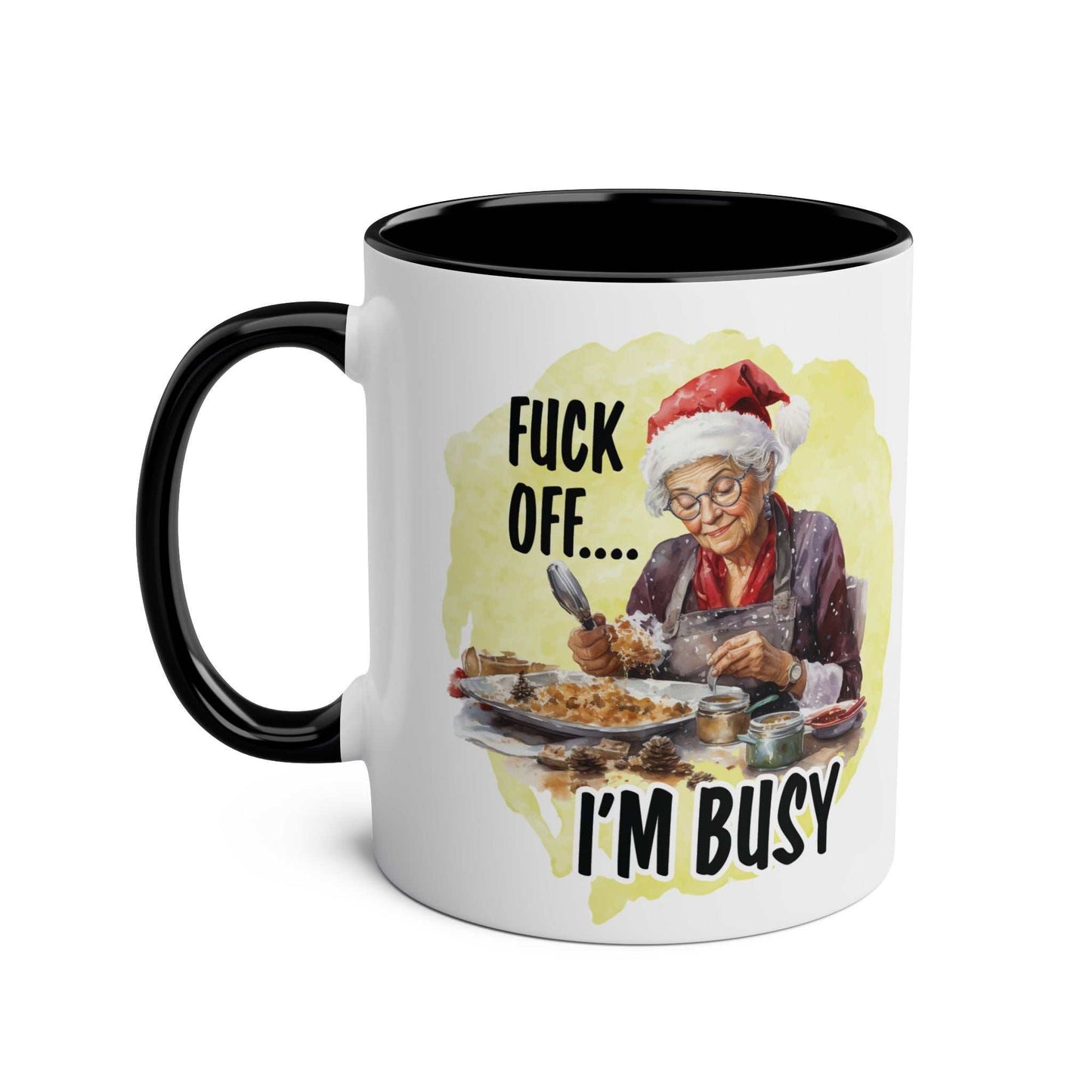 Sweary Granny Christmas Mug with festive design, glossy finish, and cheeky message.