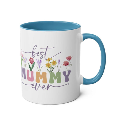 Best Mummy Ever Mother's Day gift mug with colorful floral design, blue interior, and text.