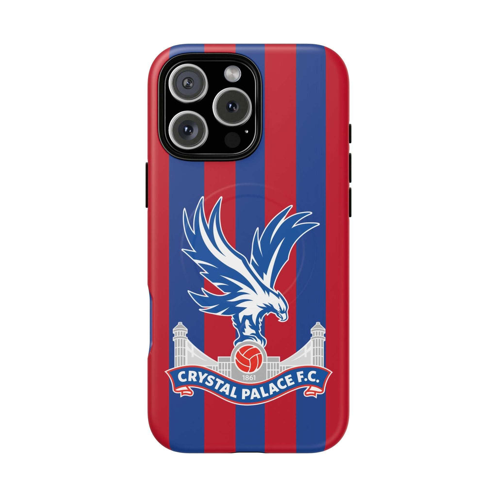 Crystal Palace MagSafe iPhone case with red and blue stripes and eagle crest, dual-layer protection, compatible with MagSafe wireless charging
