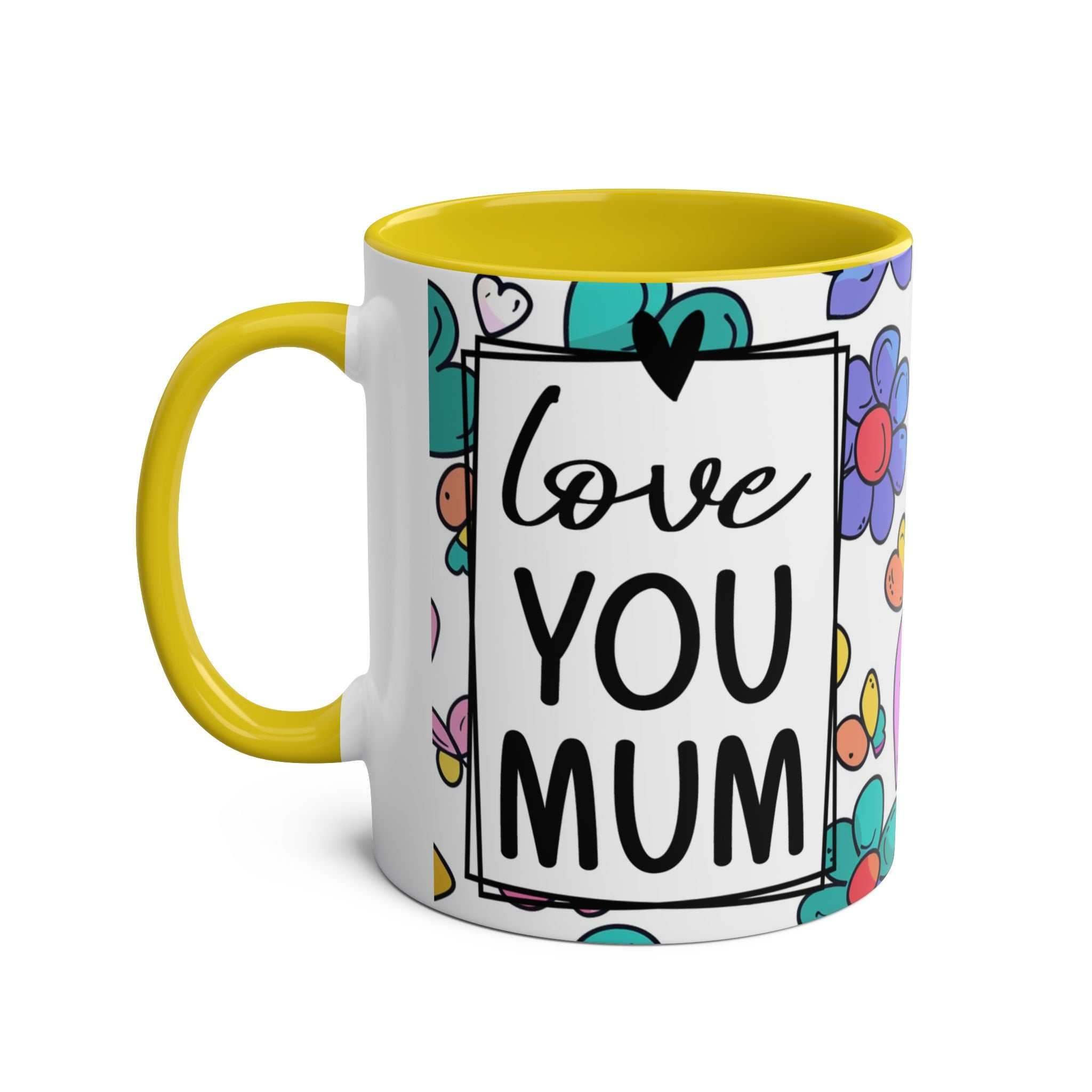 Love You Mum Floral Mug with delicate floral heart design and heartfelt message, glossy ceramic, microwave and dishwasher safe.