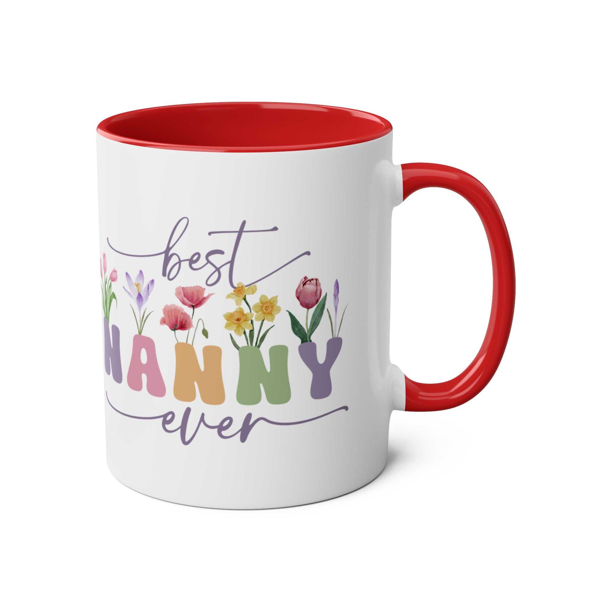 Best Nanny Ever Mother's Day gift mug with floral design and red handle.