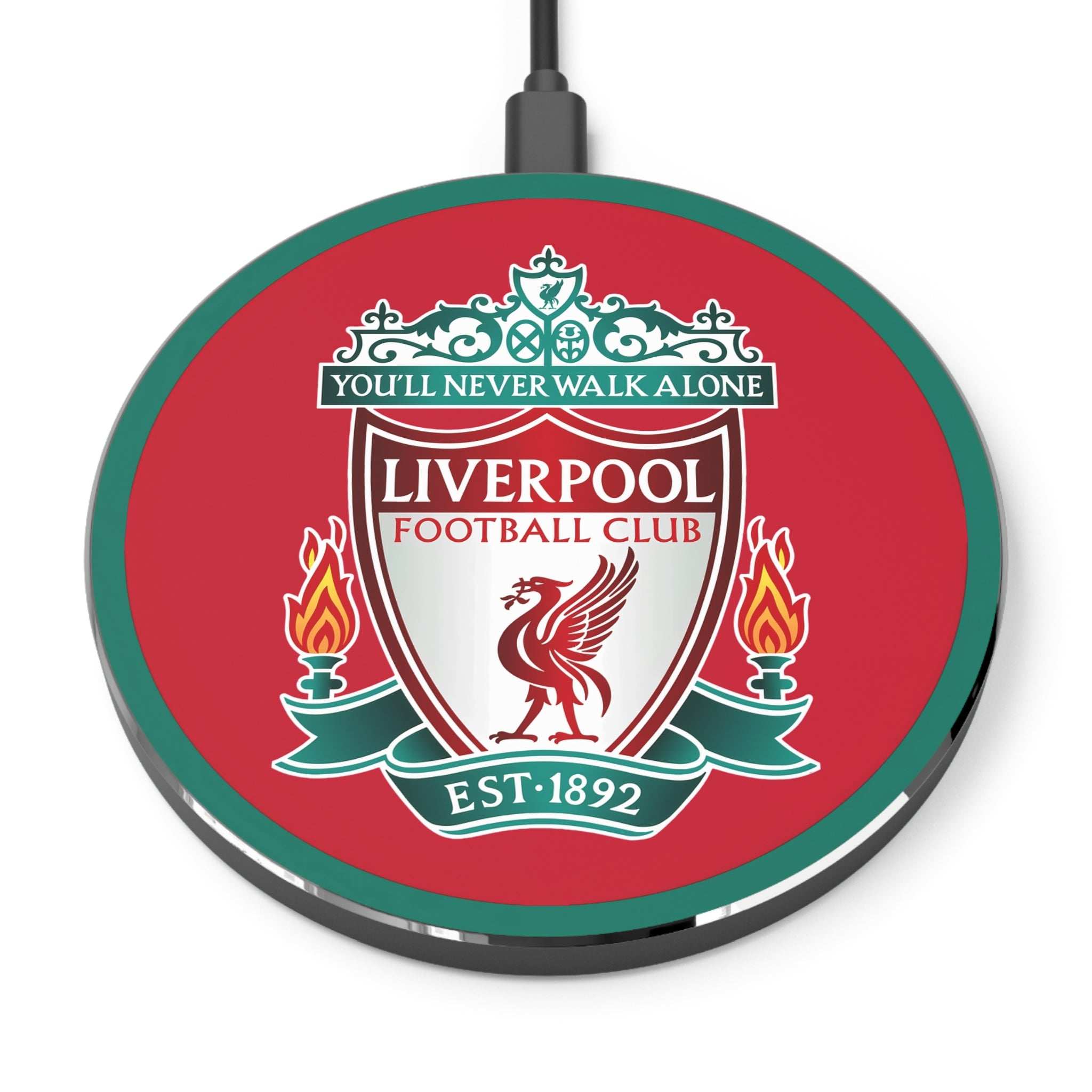 Liverpool FC Wireless Charger with red club crest and durable aluminium casing for fast 10W Qi phone charging