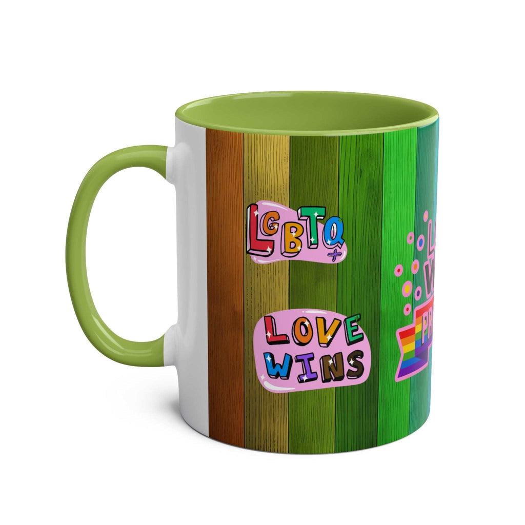LGBTQ+ Pride Mug with vibrant rainbow design and Love Wins message.