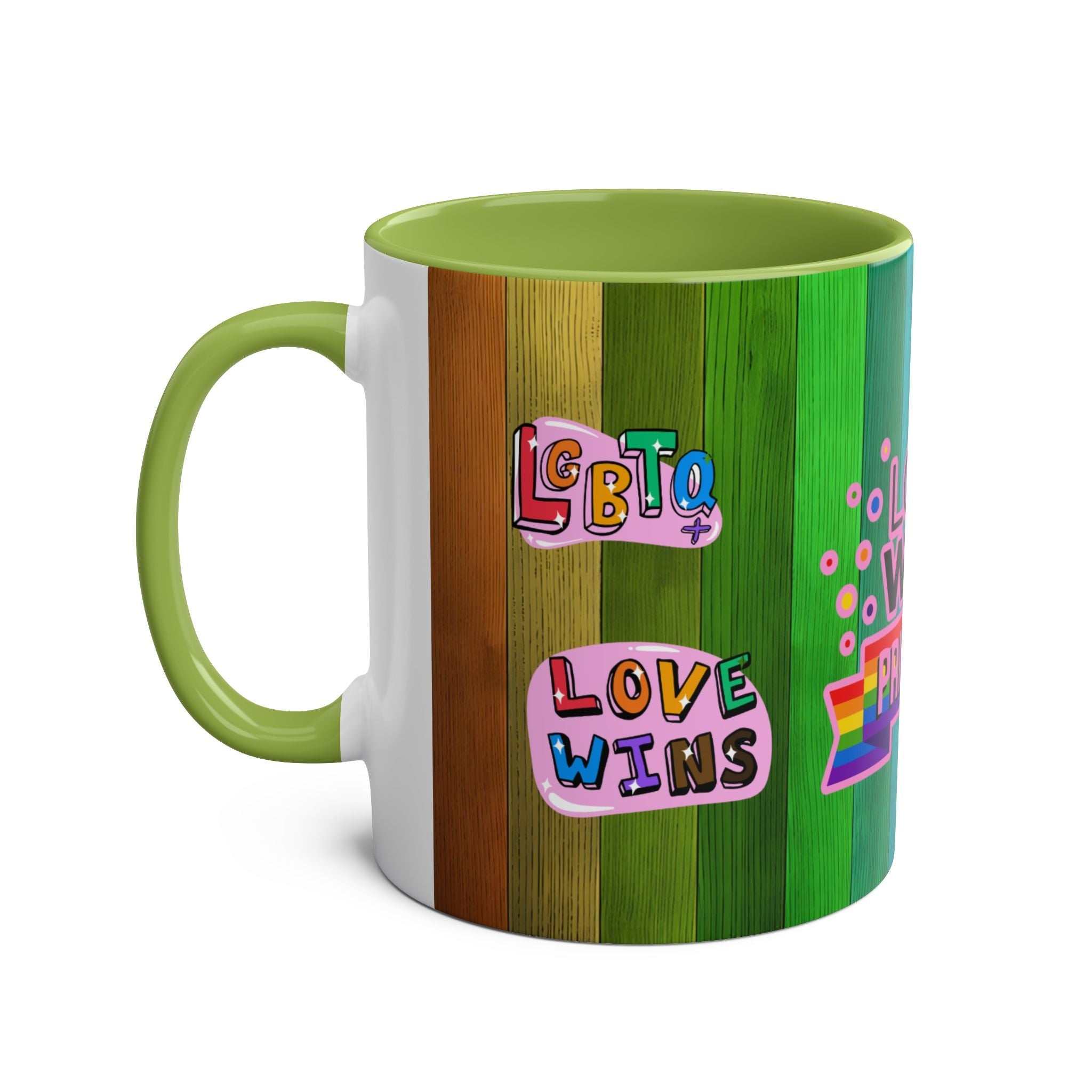 LGBTQ+ Pride Mug with vibrant rainbow design and Love Wins message.
