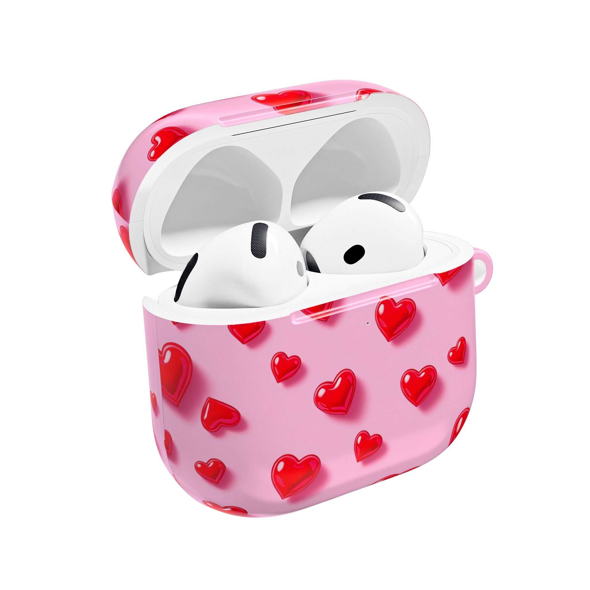 Pink Hearts AirPods case with durable glossy hard shell and protective red heart design
