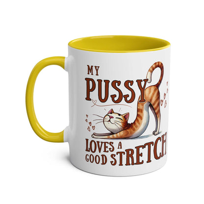 Playful cat design on Cheeky Fun Coffee Mug with yellow handle.