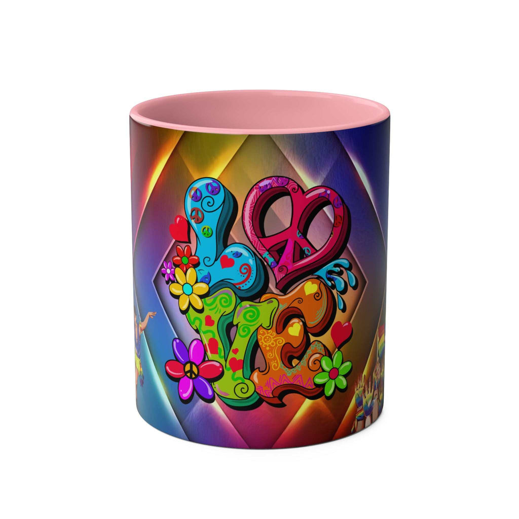 LGBTQ+ Pride Mug with vibrant rainbow design and love message, ceramic, glossy finish.