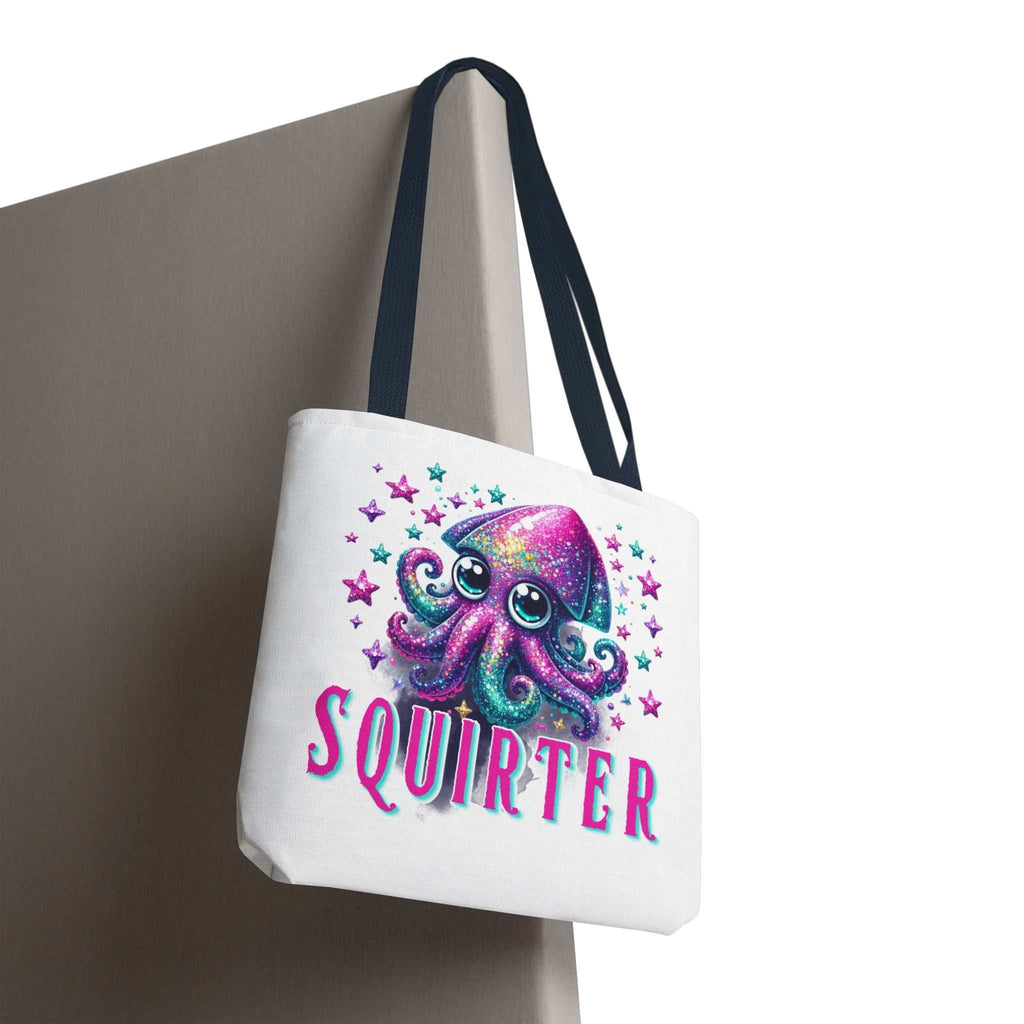 Cheeky Squirter Squid Tote Bag with colorful handles, durable spun polyester, and fun design for everyday use