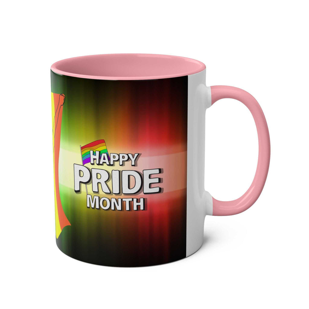 LGBTQ+ Pride Mug with vibrant rainbow design and "Happy Pride Month" text.