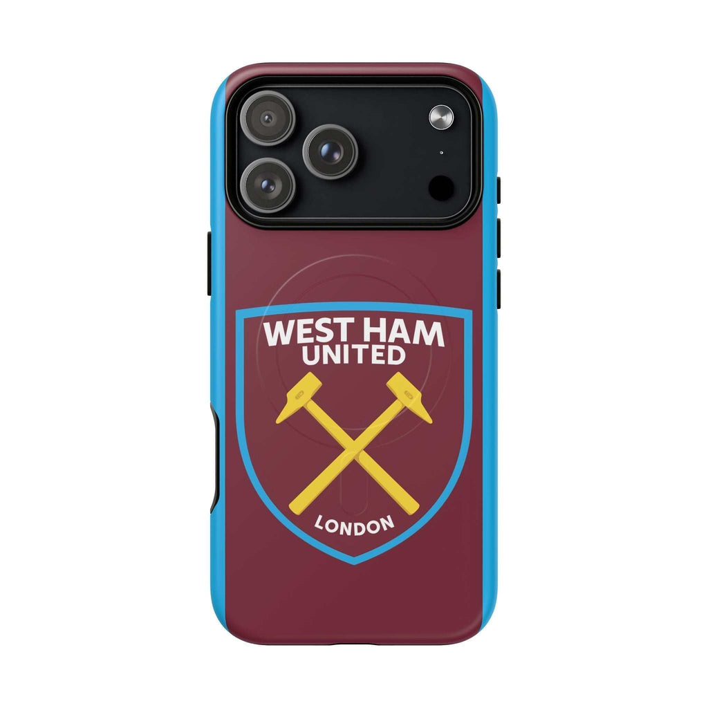 West Ham Utd MagSafe iPhone case with claret and blue colors and club crest, durable dual-layer protection for wireless charging.