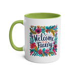Fuckery Coffee Mug with floral design and green handle, 11oz ceramic, microwave and dishwasher safe.