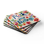 Cheeky "Fuck Your Feelings" coaster set with floral design, non-slip cork back, and glossy finish.