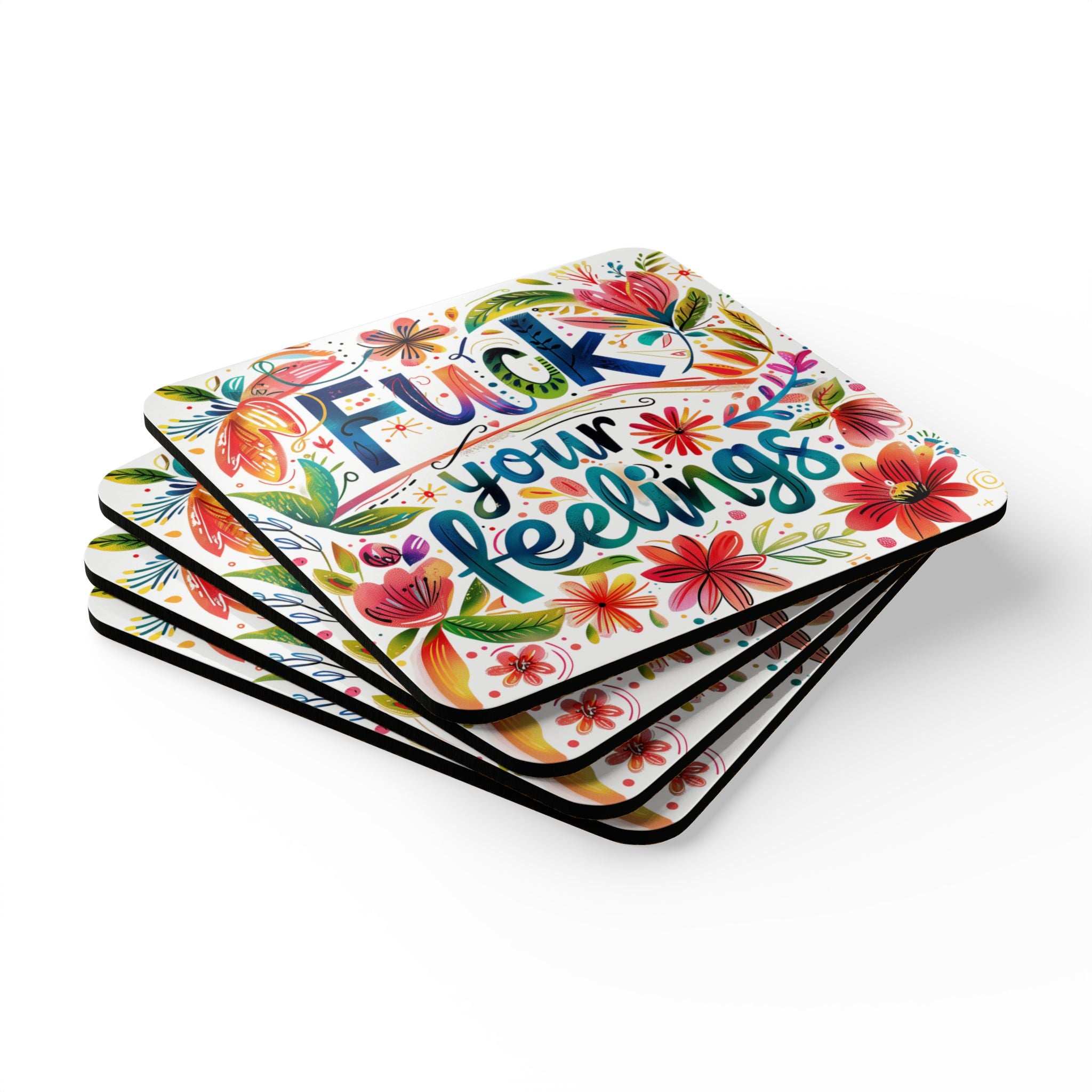 Cheeky "Fuck Your Feelings" coaster set with floral design, non-slip cork back, and glossy finish.
