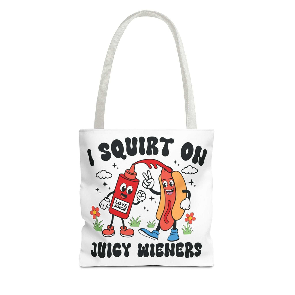 I Squirt On Juicy Wieners Fun Tote Bag with cheeky hot dog design and colorful handles