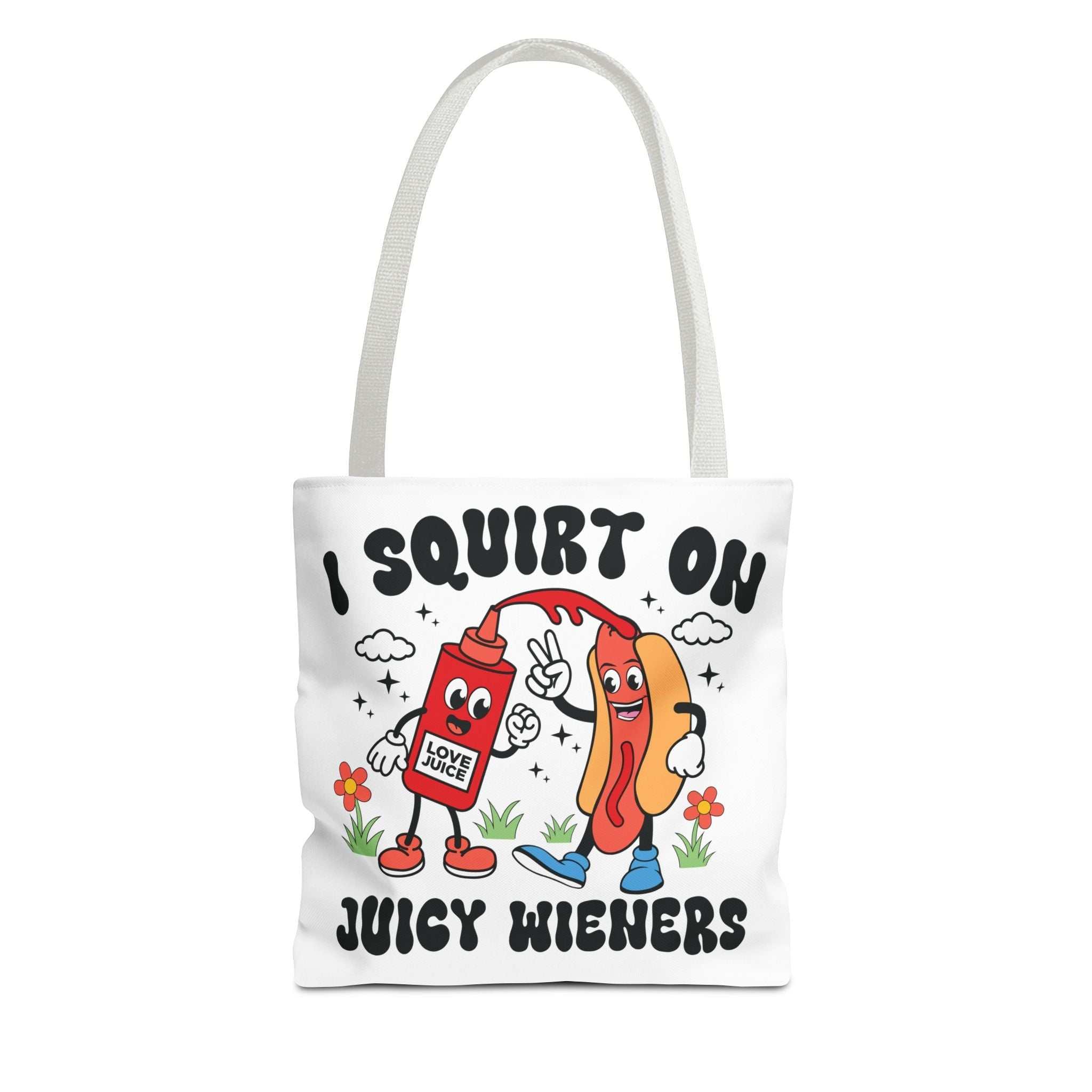 Juicy Wieners fun tote bag with cheeky design and colorful handles, durable polyester, available in three sizes
