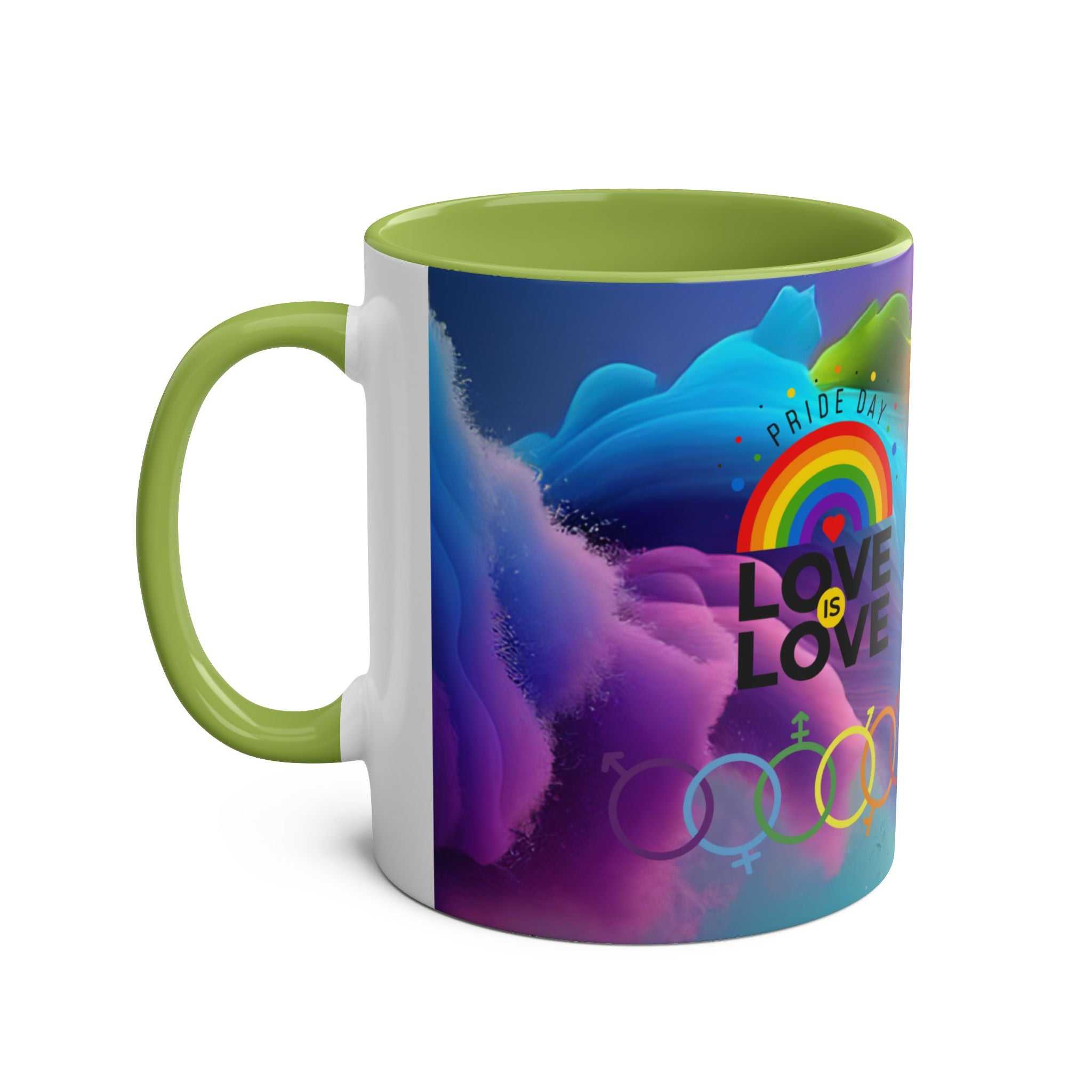LGBTQ+ Pride Mug with vibrant rainbow design and "Love is Love" message, 11oz ceramic, microwave and dishwasher safe.