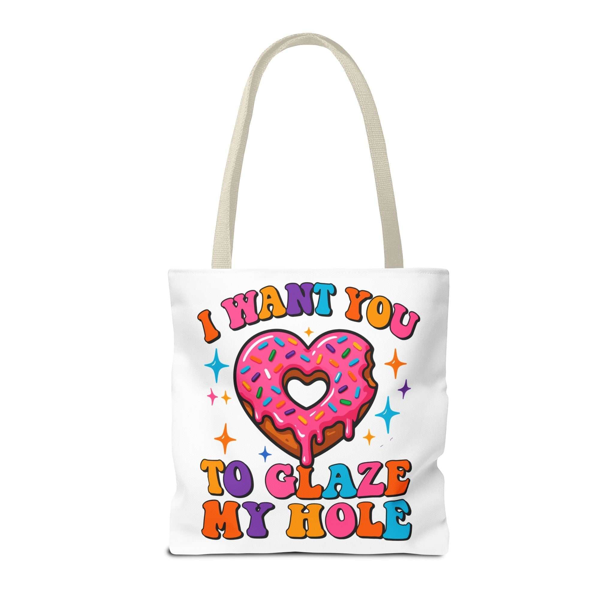 Glaze My Hole Donut Tote Bag with cheeky donut design and cotton straps