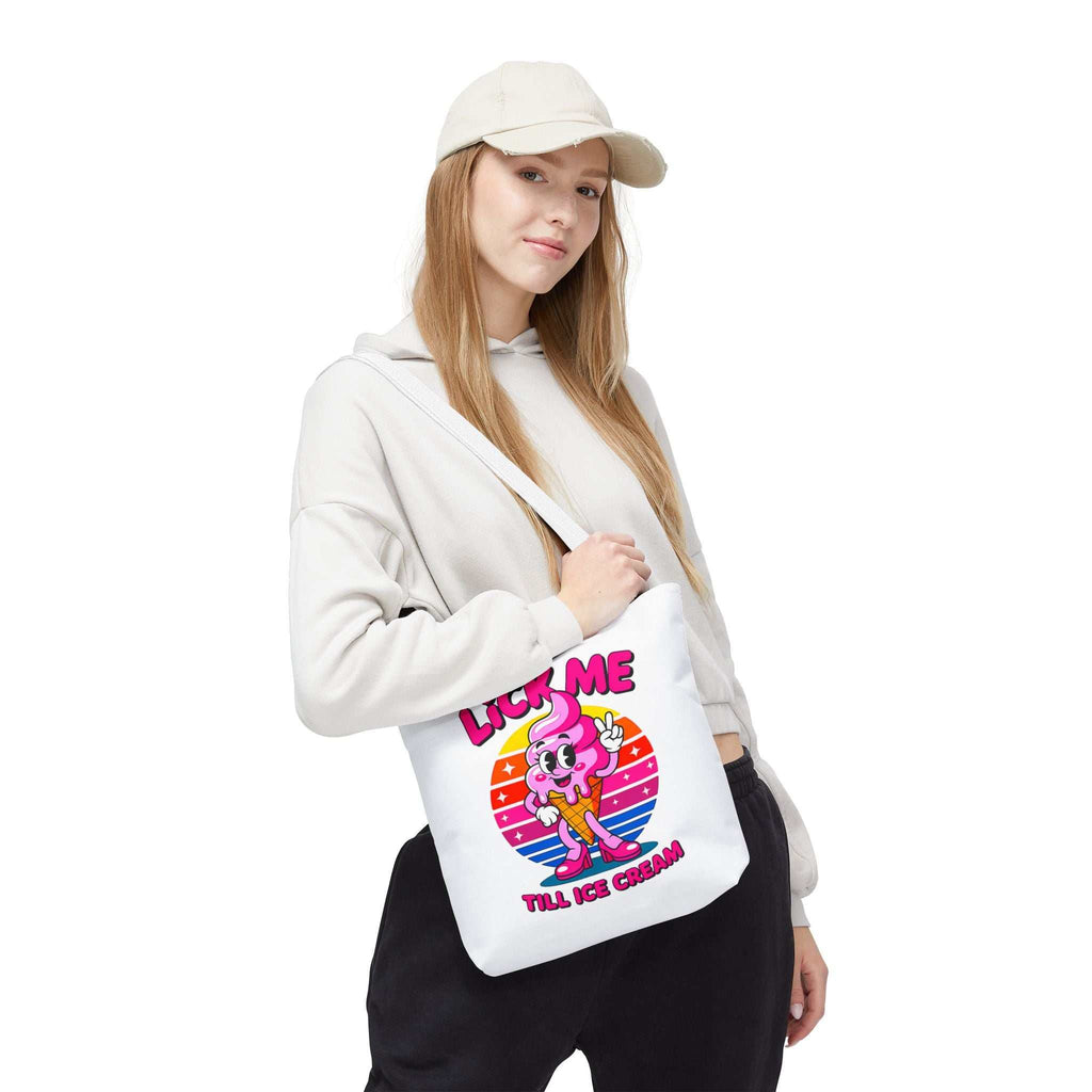 Cheeky Lick Me Till Ice Cream Tote Bag in three sizes with colorful handles, durable spun polyester fabric, and playful design