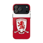 Middlesbrough MagSafe iPhone case with red club crest, dual layer protection, and wireless charging compatibility