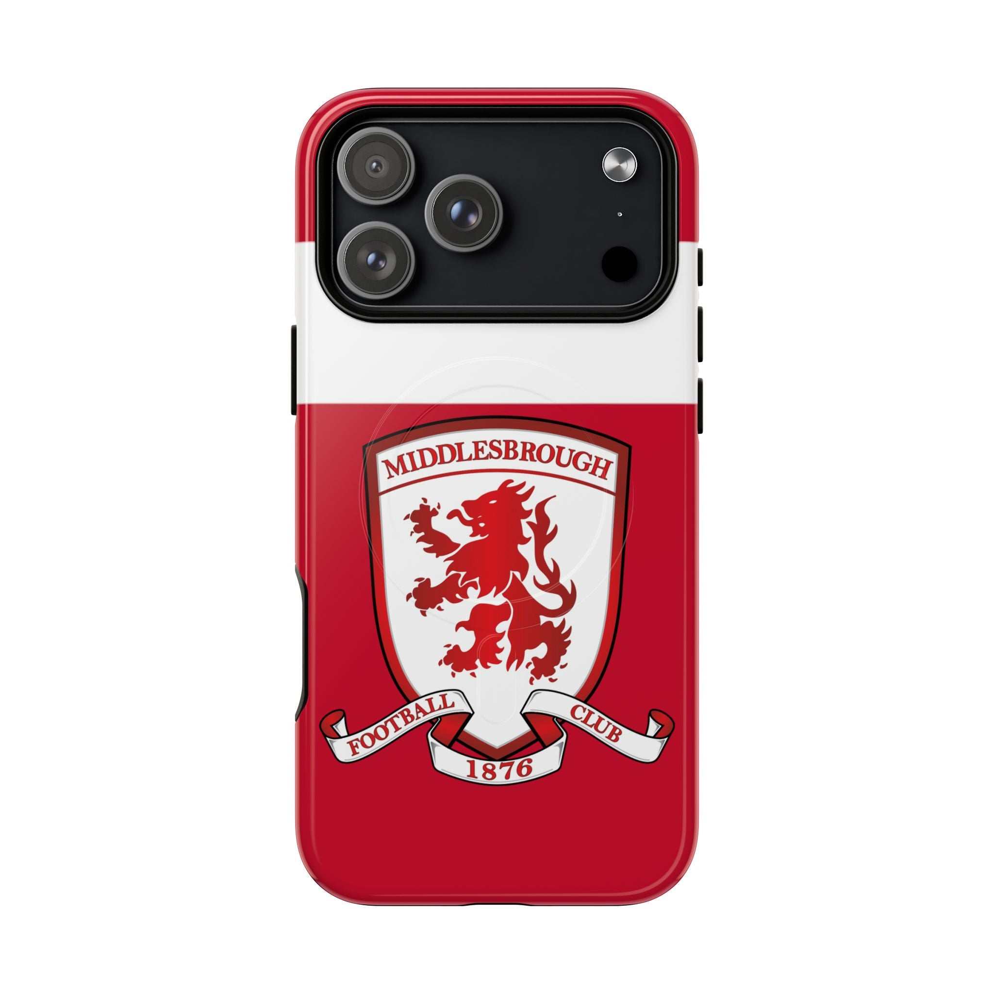 Middlesbrough MagSafe iPhone case with red club crest, dual layer protection, and wireless charging compatibility