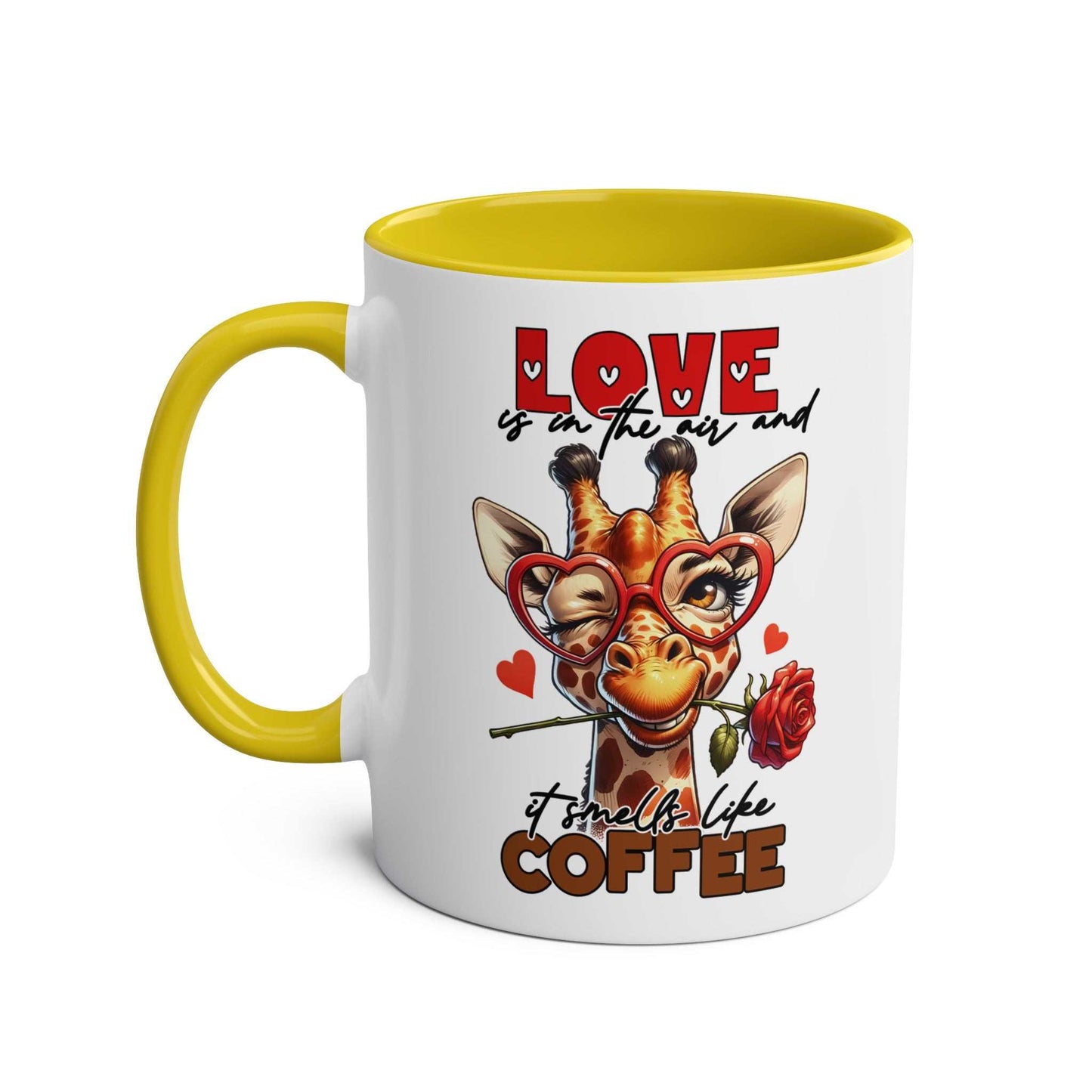 Playful giraffe design on Smells Like Coffee Mug with yellow interior.