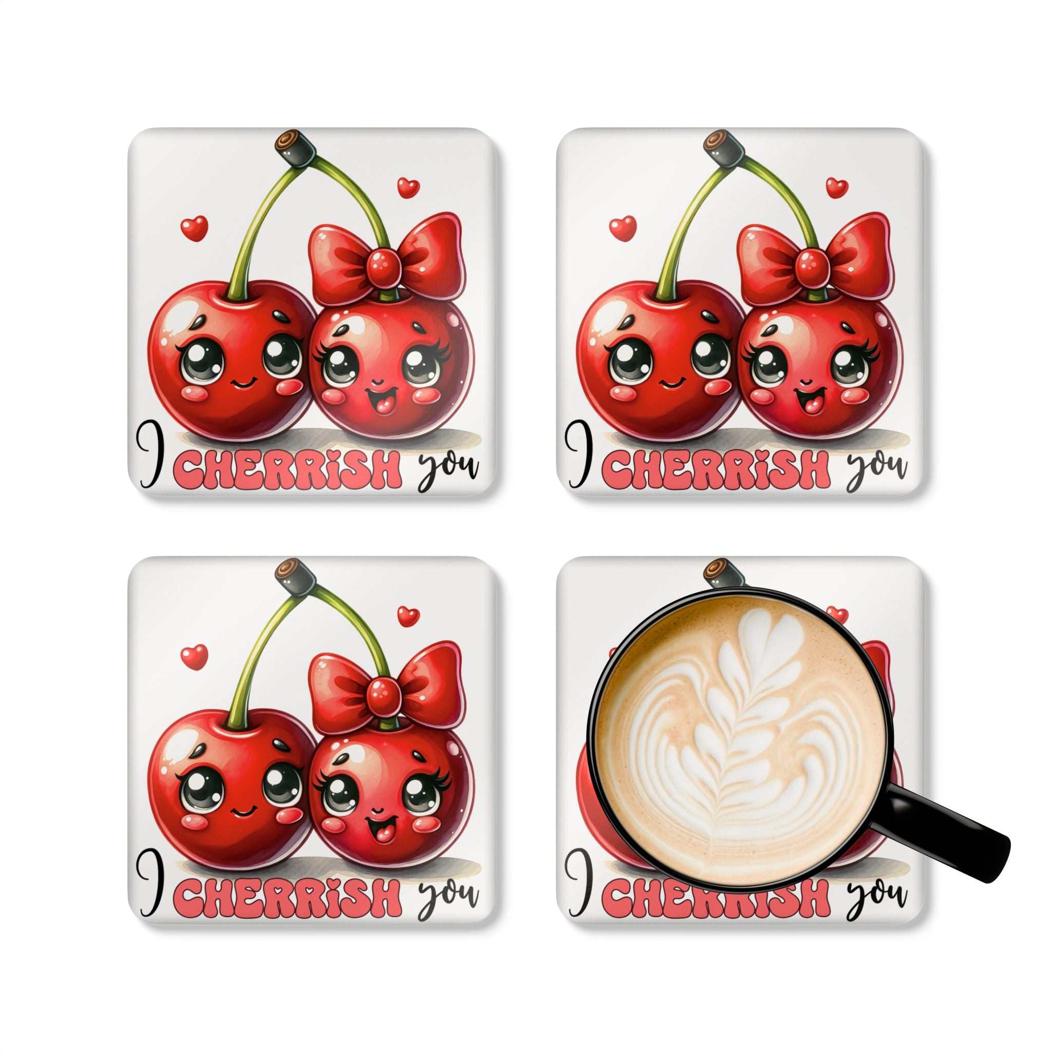 I Cherrish You Coaster Set with playful cherry design, high-gloss MDF top, cork back, non-slip.