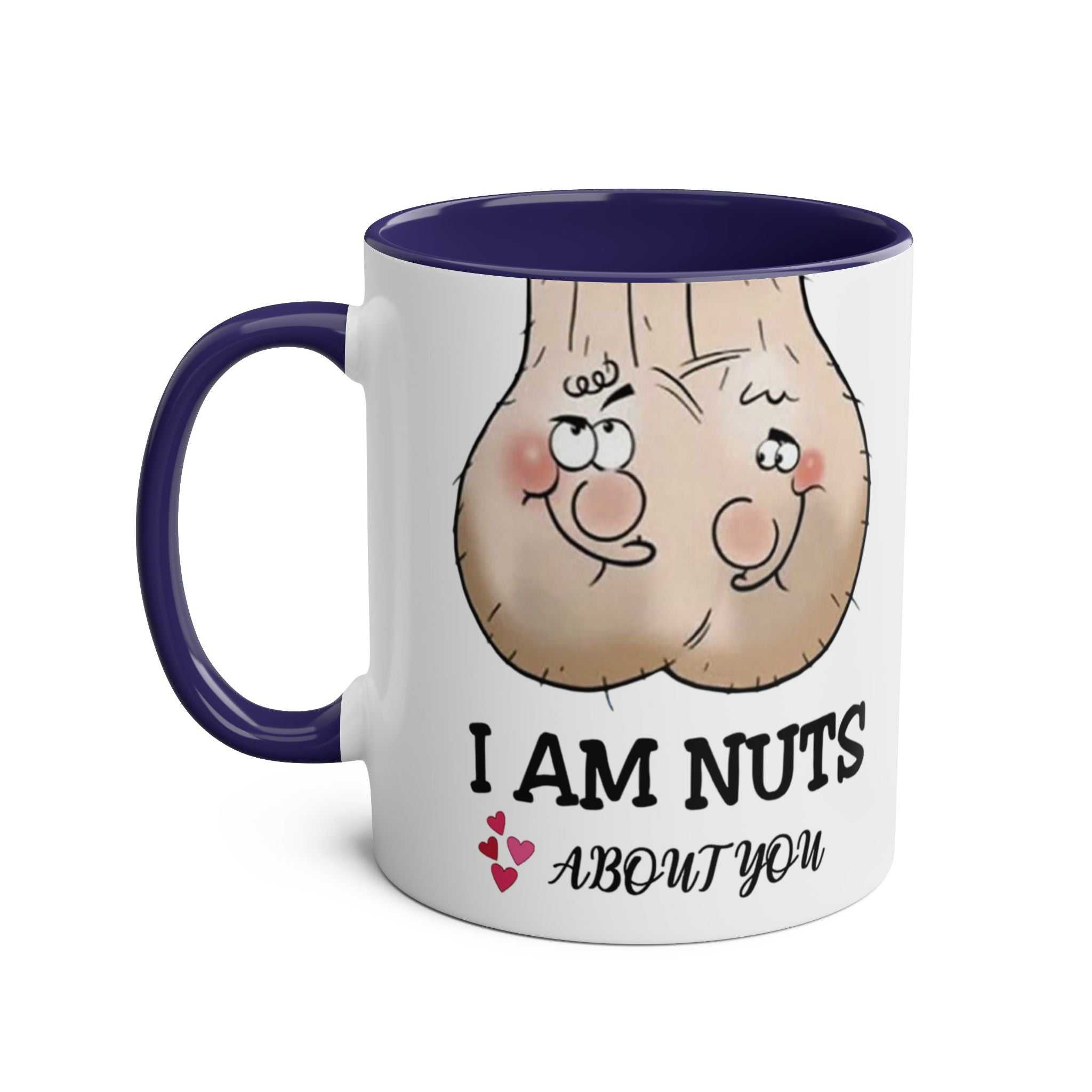 Cheeky "I Am Nuts About You" ceramic mug with nut illustration and colored handle.