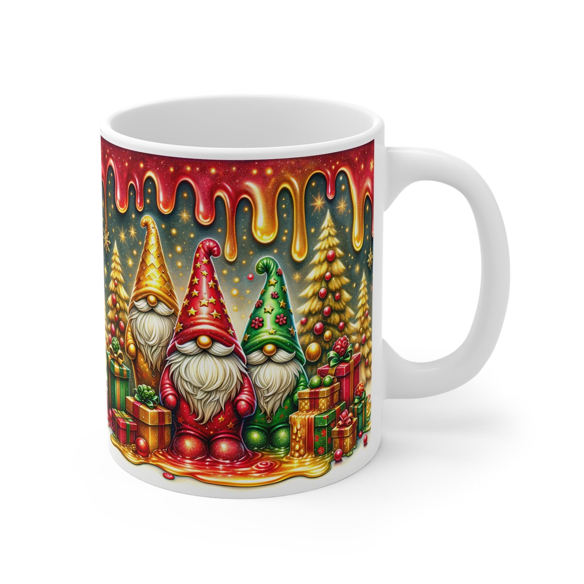 Christmas Gnome Mug with festive design, sublimation print, glossy finish, 11oz ceramic, microwave and dishwasher safe.