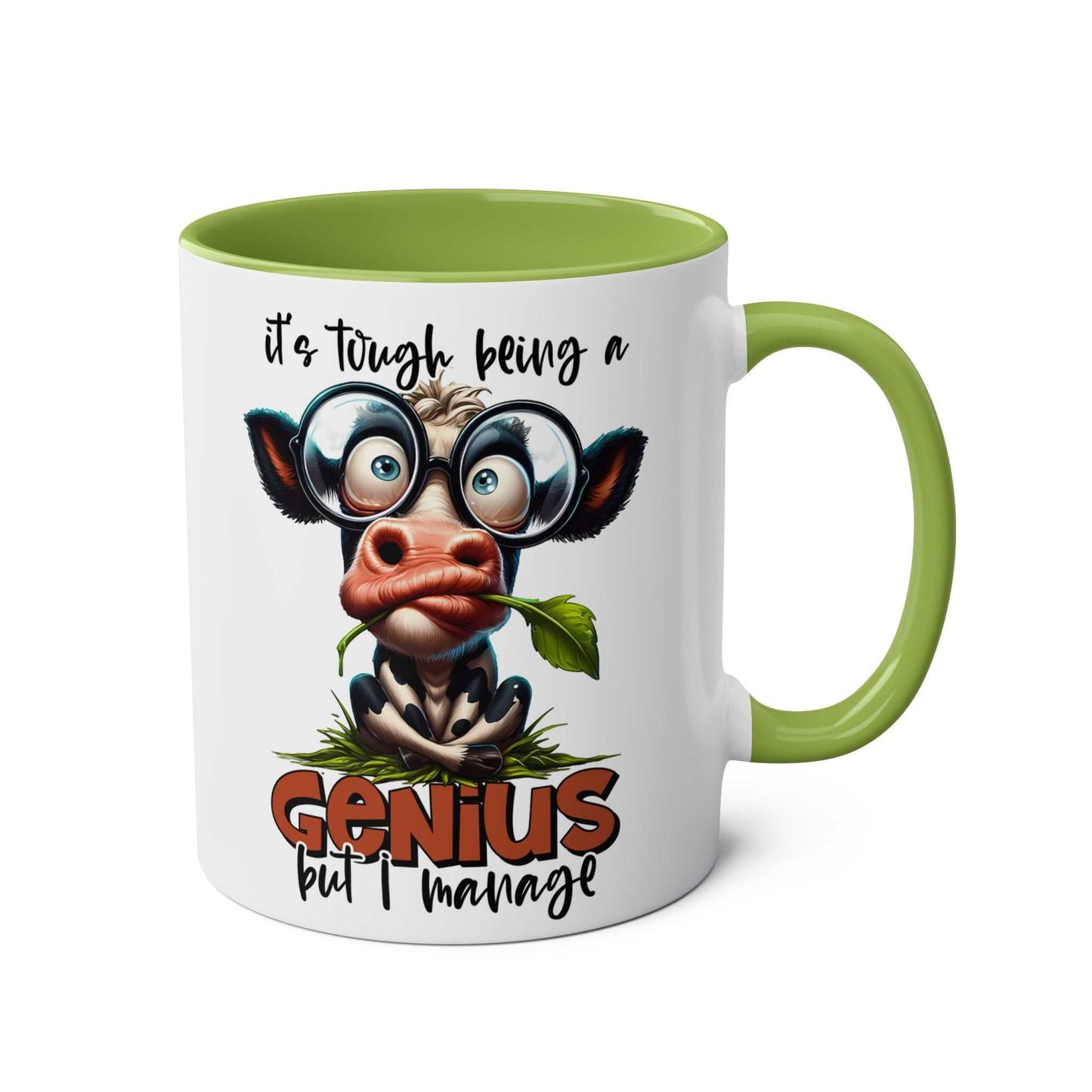 Funny animal graphic on a 'Genius Coffee Mug' with glasses and comic text, green interior and handle.