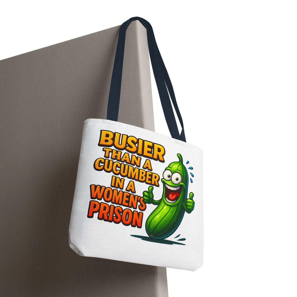 Busier Than a Cucumber Tote Bag with cheeky design and colorful handles, durable and lightweight for everyday use