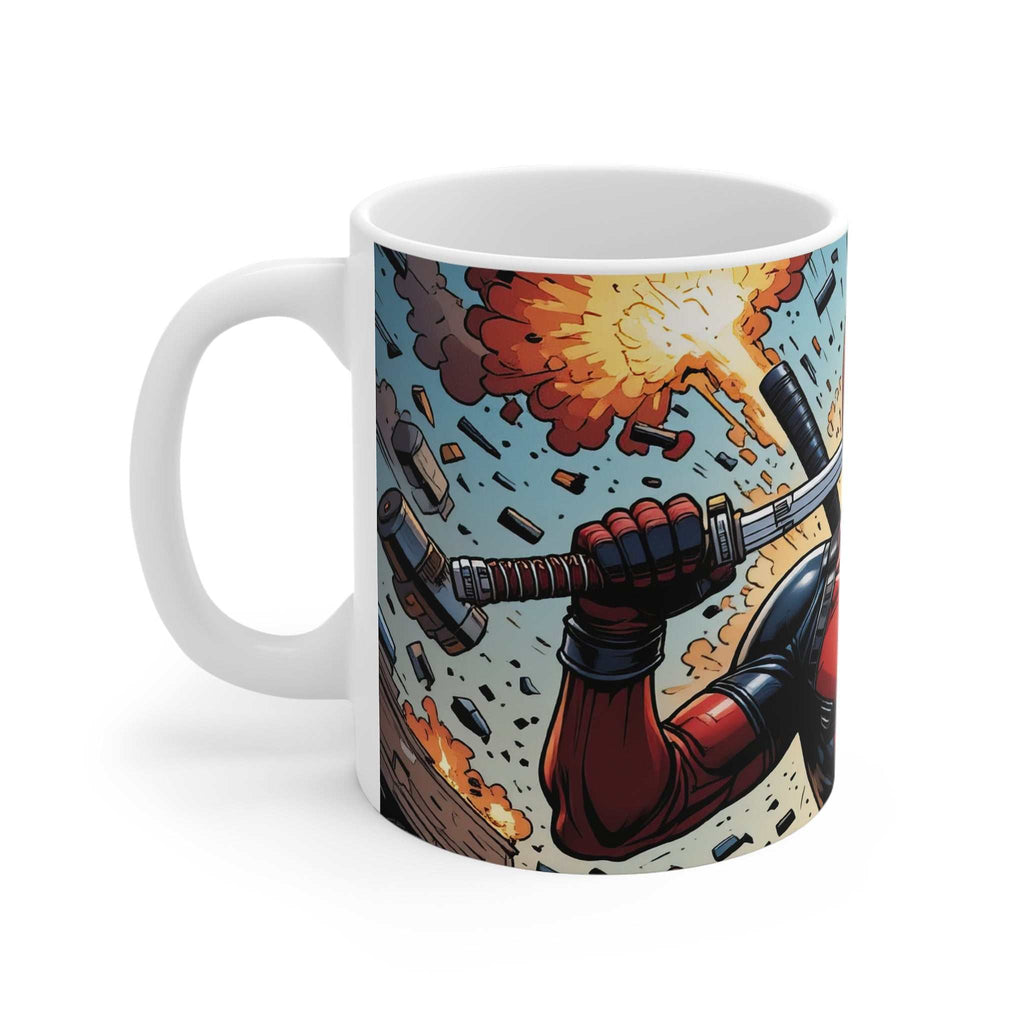 Deadpool comic superhero ceramic mug with vibrant explosion design, microwave and dishwasher safe, 11oz capacity
