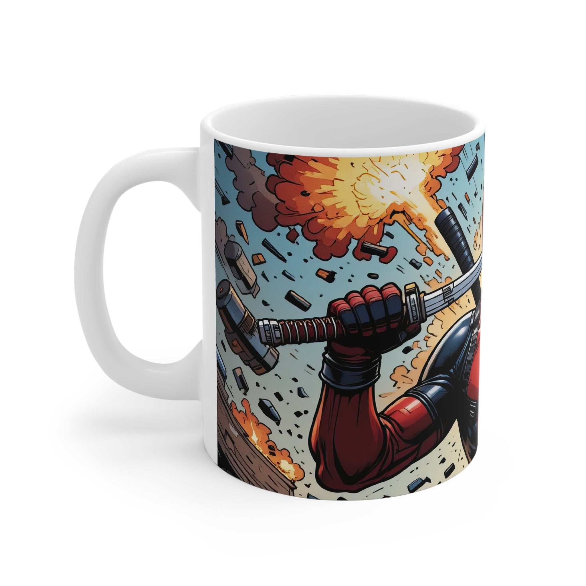 Deadpool comic superhero ceramic mug with vibrant explosion design, microwave and dishwasher safe, 11oz capacity