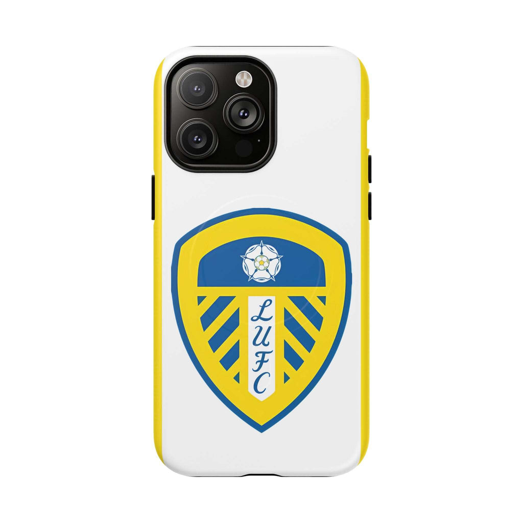 Leeds Utd Magsafe iPhone Case with white and yellow design featuring club crest, durable dual-layer protection and MagSafe compatibility