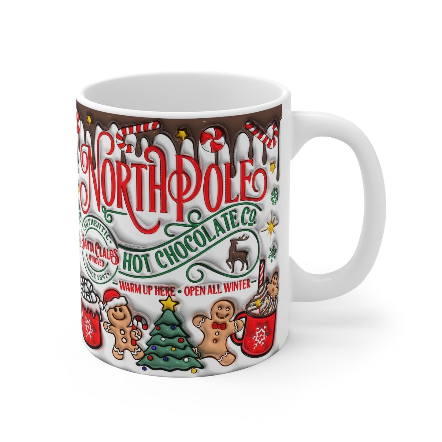 North Pole Christmas Mug with festive design, 11oz ceramic, glossy finish, microwave and dishwasher safe.