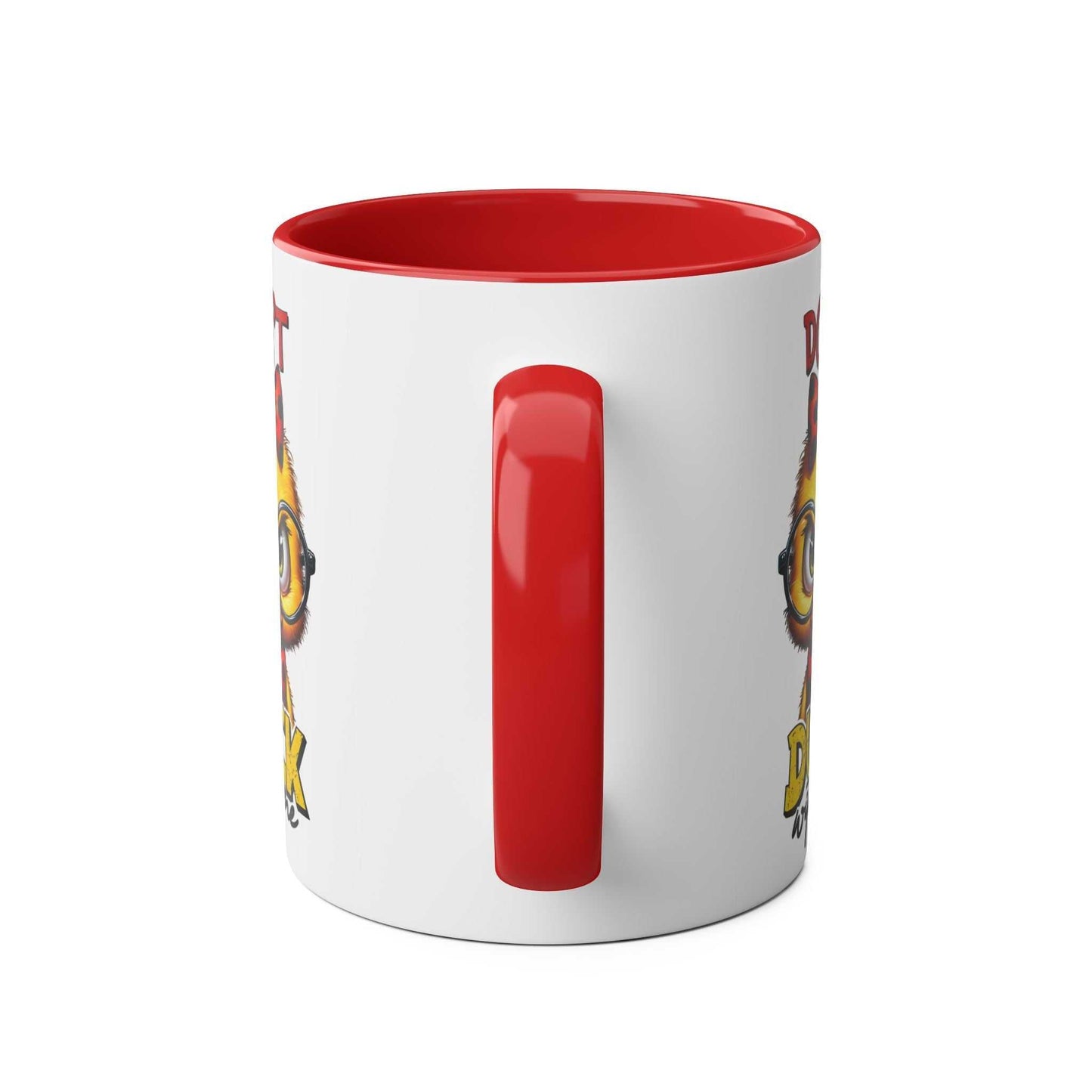 Dont Duck with Me coffee mug featuring grumpy duck design with red handle.