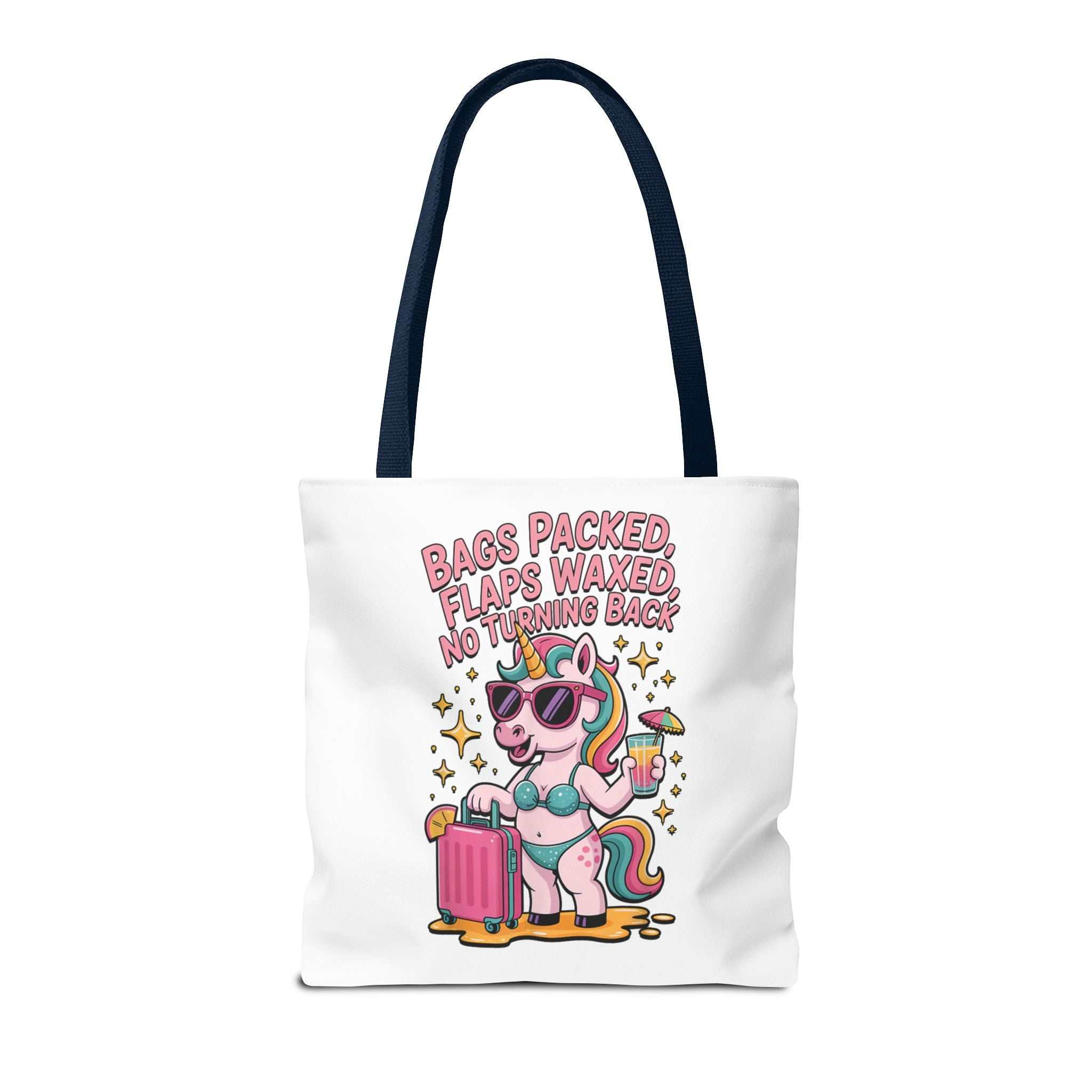 Fun unicorn travel tote bag with cheeky design and colorful handles, made from durable spun polyester.