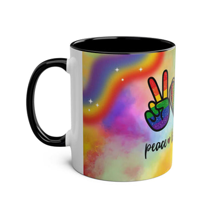 LGBTQ+ Pride Mug with vibrant rainbow design, peace symbol, 11oz ceramic, glossy finish.
