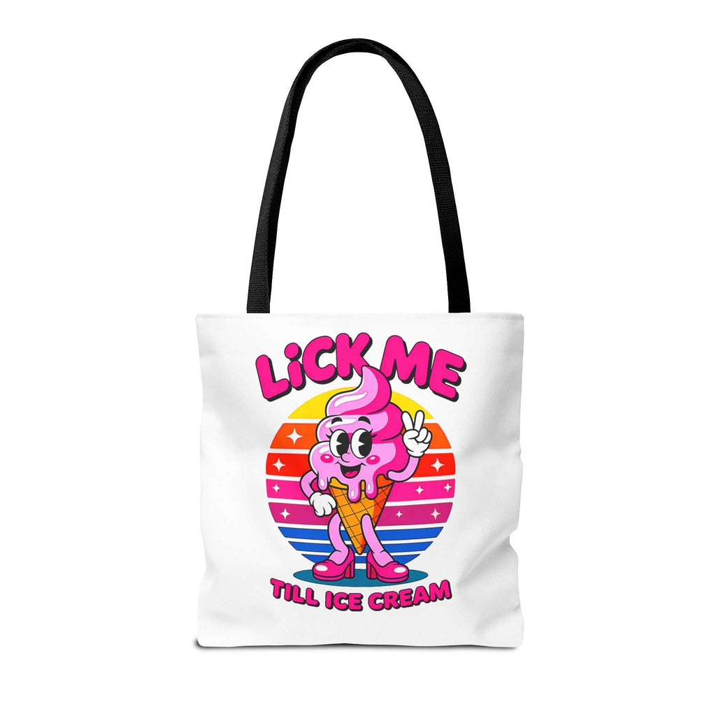 Cheeky Lick Me Till Ice Cream Tote Bag with colorful handles and durable polyester fabric