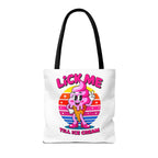 Cheeky Lick Me Till Ice Cream Tote Bag with colorful handles and durable polyester fabric