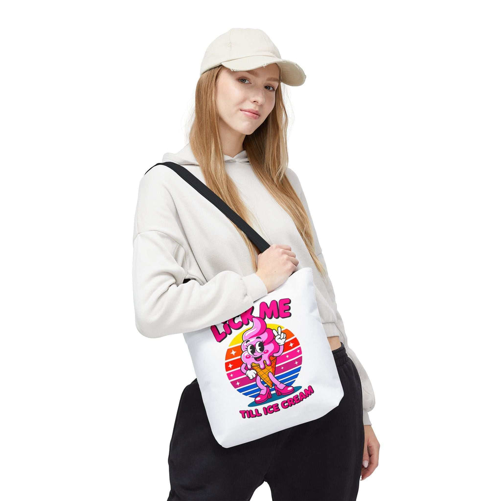 Lick Me Till Ice Cream Tote Bag with cheeky design, durable spun polyester, multiple sizes and handle colors