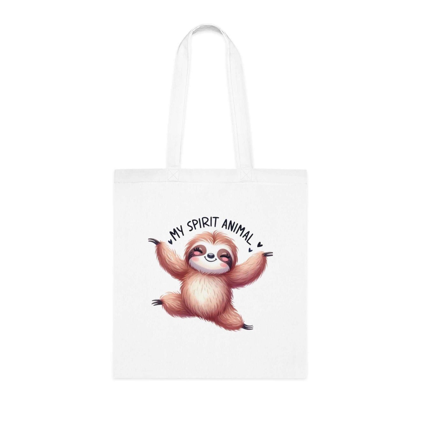 Cotton tote bag with cute sloth design, playful vibrant colors, durable 100% cotton fabric.