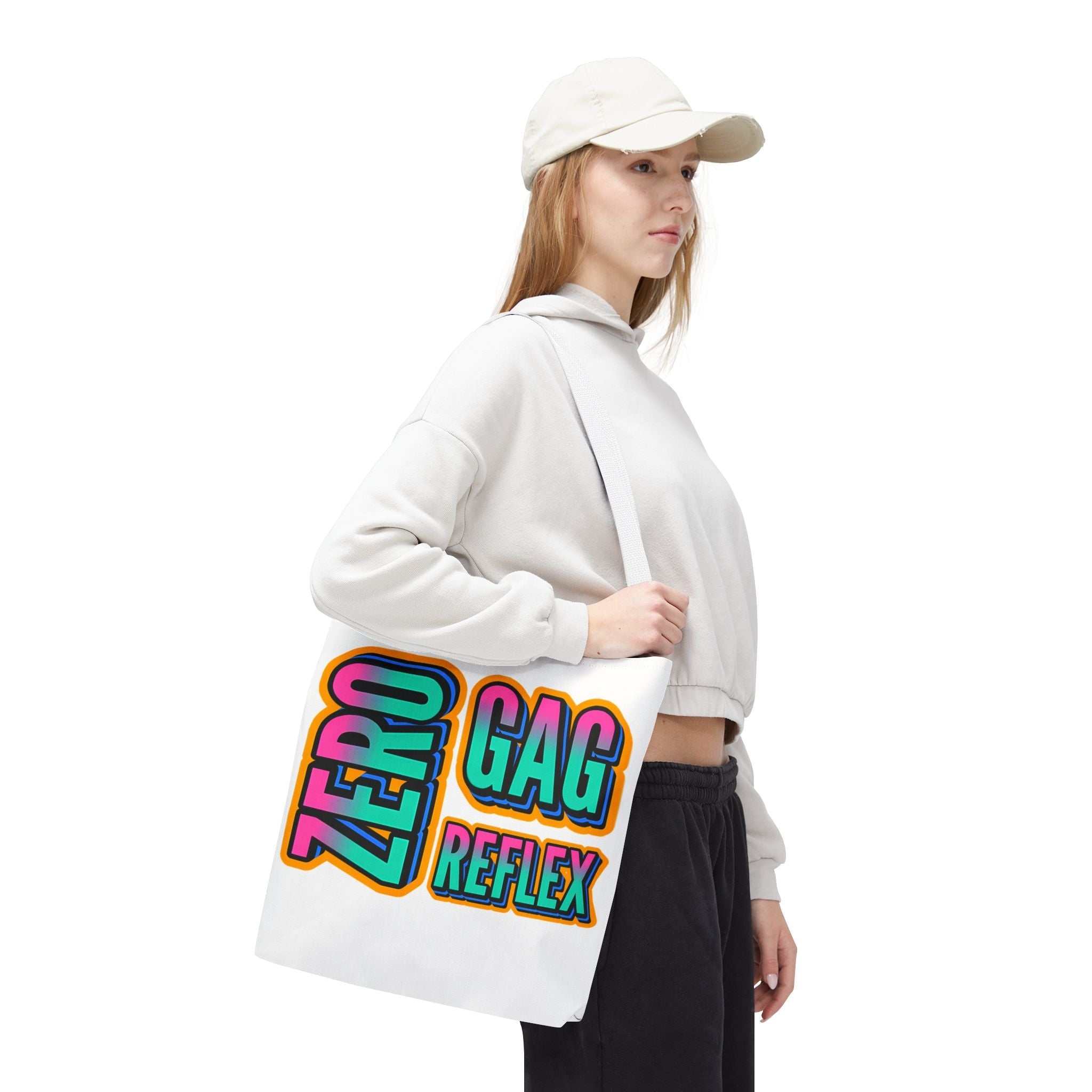 Zero Gag Reflex Tote Bag, cheeky design, durable spun polyester, multiple sizes and handle colors, reusable lightweight tote