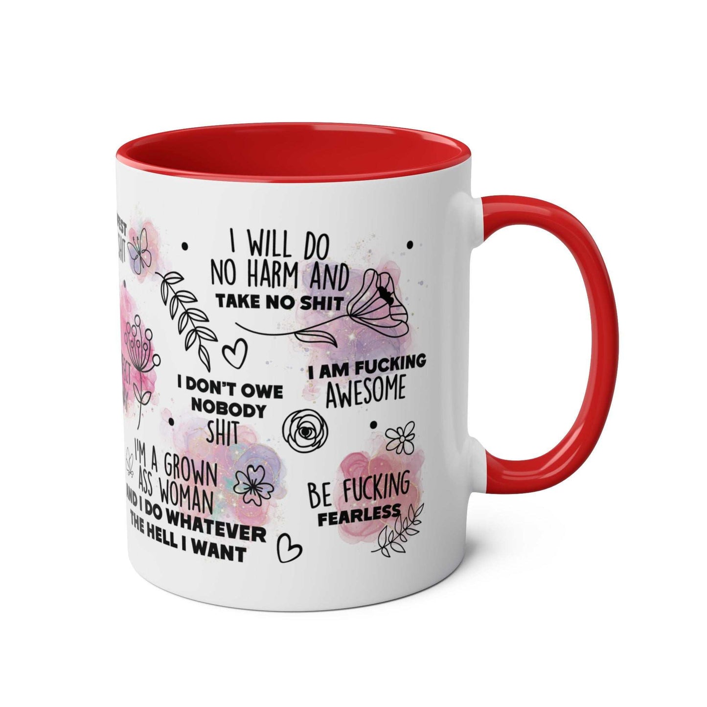 Sweary Quotes Coffee Mug with cheeky sayings and red interior, 11oz ceramic, microwave and dishwasher safe.