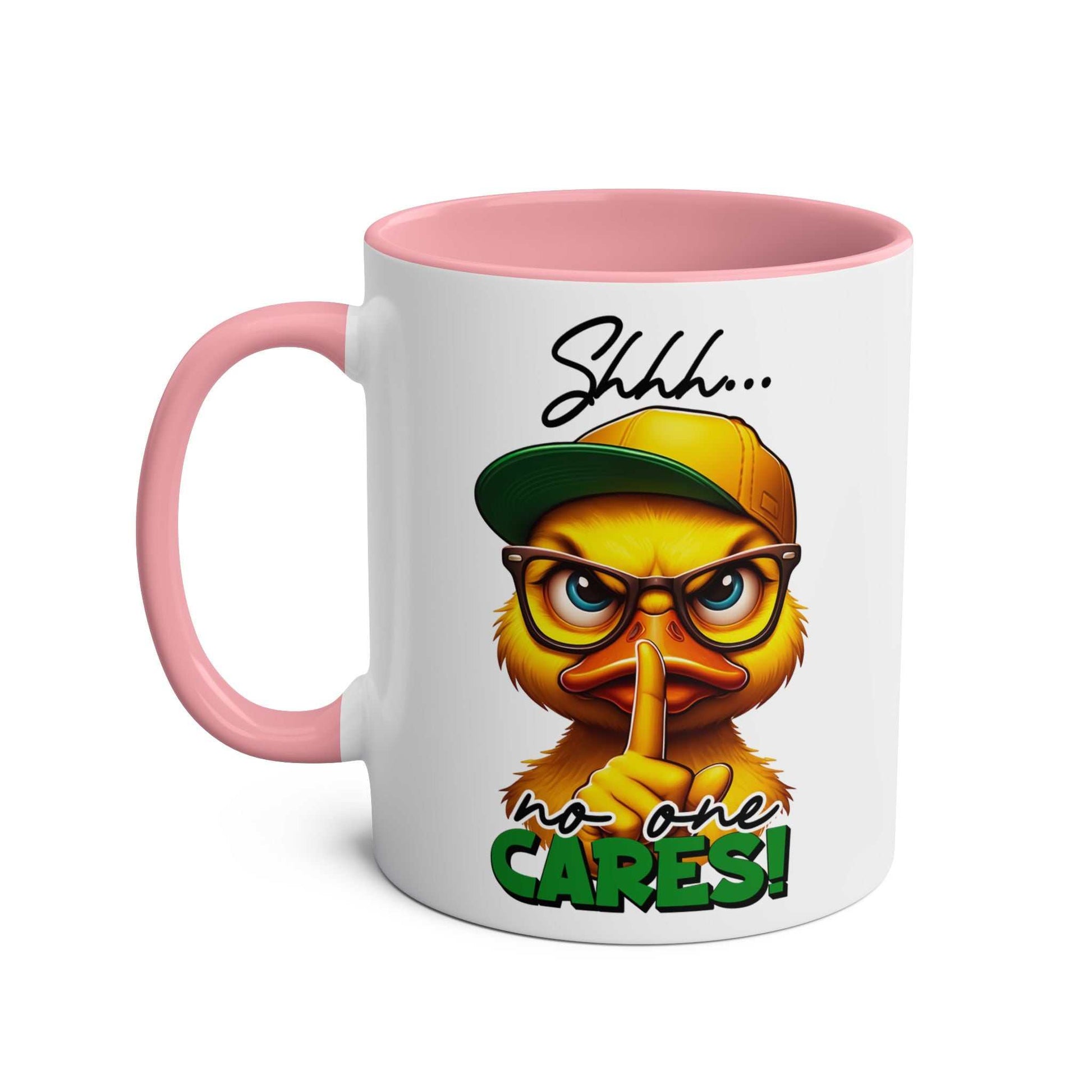 No One Cares Coffee Mug with sarky duck design and "shhh" message.