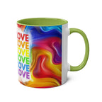 LGBTQ+ Pride Mug with vibrant rainbow design, 11oz ceramic, green handle.